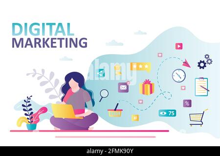 Social network and media communication. Promotion and SEO. Business analysis, content strategy and management. Digital marketing concept. Businesswoma Stock Vector