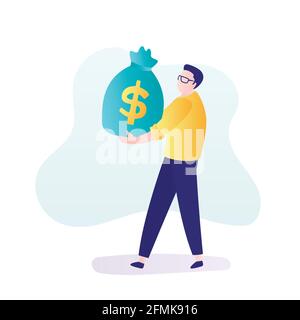 Businessman holding bag with money. Reward or profit concept. Man employee with salary. Male character in trendy style. Investor carries money to star Stock Vector