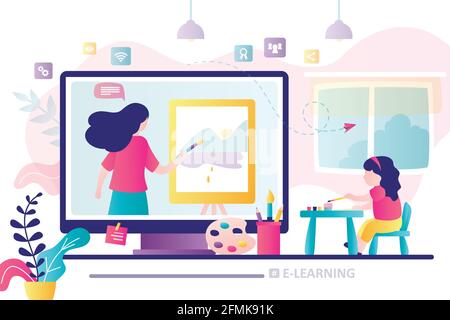 Online art class. E-learning, distance education. Tutorials and web courses. Woman art teacher on screen and girl preschooler student with brush. Draw Stock Vector