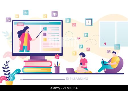 E-learning banner. Online education, home schooling. Woman teacher on monitor screen. Group of students in distance learning. Web courses or tutorials Stock Vector