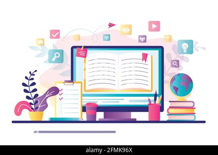 E-learning banner. Online education, home schooling. Modern workplace, open book on laptop screen. Web courses or tutorials concept. Education vlog, i Stock Vector