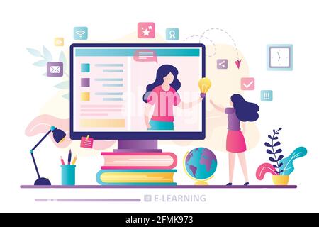 E-learning banner. Online education, home schooling. Girl student gets new knowledge and ideas. Web courses or tutorials concept. Education concept. T Stock Vector