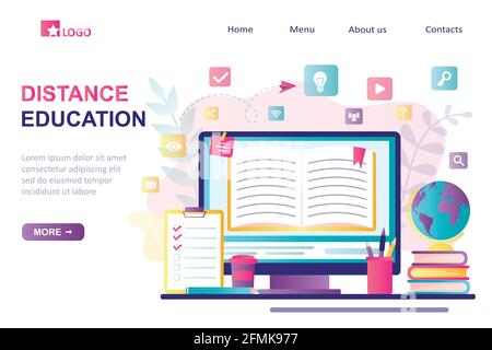 Distance education landing page template. E-learning banner. Online education or library, home schooling. Modern workplace, open book on laptop screen Stock Vector