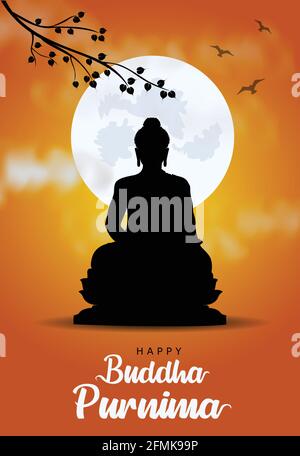 Happy Vesak Day, Buddha Purnima wishes greetings with buddha and lotus illustration. Can be used for poster, banner, logo, background, greetings, prin Stock Vector