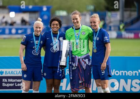 Kingston, UK. 09th May, 2021. (L-r) Bethany England, Jessica Carter, Goalkeeper Ann-Katrin Berger & Sophie Ingle of Chelsea Women after the team are crowned FAWSL Champions 2020/21 during the FAWSL match between Chelsea Women and Reading Women at the Kingsmeadow Stadium, Kingston, England on 9 May 2021. Photo by Andy Rowland. Credit: PRiME Media Images/Alamy Live News Stock Photo