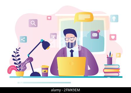 Businessman or freelancer at home office. Remote work, performance of tasks sent by email or social media. Male employee use laptop. E-learning concep Stock Vector
