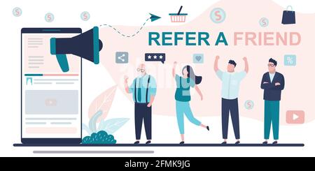Referral marketing concept. Video content on modern smartphone attracting new customers or partners. Refer a friend, banner template. Group of various Stock Vector