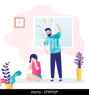 Violence in family. Husband beats his wife. Man abuser and crying woman. Depression and divorce concept. Relationship family conflict, stress. Room in Stock Vector
