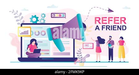 Refer a friend concept banner. Friend Sharing Referral Code. Businesswoman use megaphone and laptop. Affiliate partnership and earn money. Group of pe Stock Vector