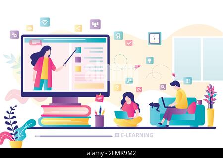 E-learning banner. Online education, home schooling. Woman teacher on monitor screen. Group of students in distance learning. Web courses or tutorials Stock Vector