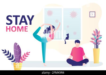 Stay home banner. Couple practices yoga,room interior. Couple sits at home on self-isolation, quarantine. People doing fitness. Family stay safe indoo Stock Vector