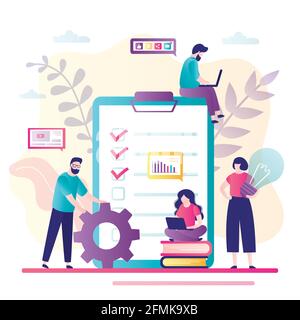 Teamwork, brainstorming concept. New project,office work. Job planner, various workers on workplace. Group of employees perform assigned tasks. Office Stock Vector