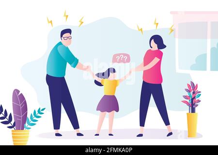 Toxic parents. Angry family quarreling and shares child. Cartoon parents quarrel and daughter confused. Toxic relationships between people, abuse. Fam Stock Vector