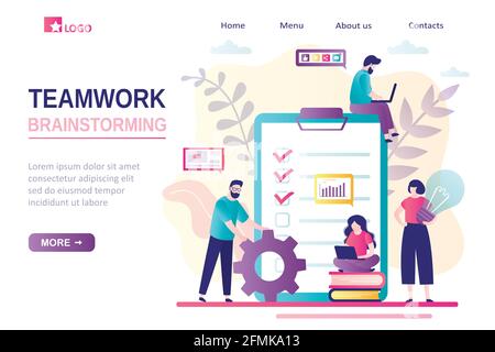 Teamwork, brainstorming landing page template. New project, office work. Job planner, various workers on workplace. Group of employees perform assigne Stock Vector