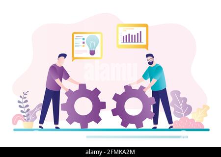 Teamwork, brainstorming concept. New project, office work. Two office workers move big gears. Male employees generate new ideas and plans. Businessmen Stock Vector