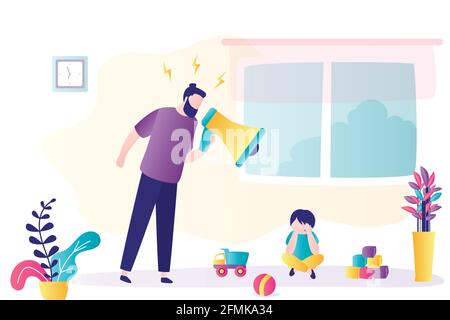 Child abuse. Parent abusing kid, father shouts in loudspeaker to unhappy son. Cartoon angry man scolds at crying boy. Family problems concept. Home co Stock Vector