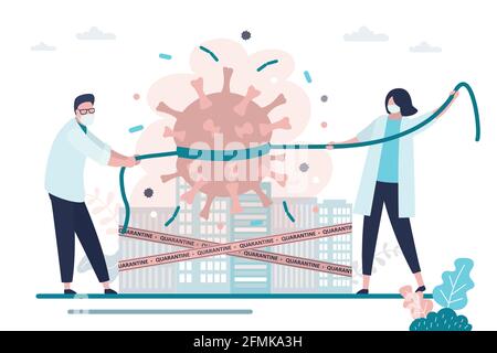 Doctors stops spread of virus and disease. Medical worker in protective masks caught and hold back coronavirus. Health care concept. Full quarantine i Stock Vector