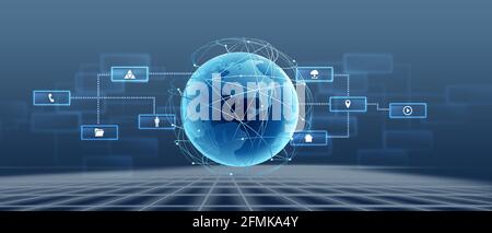 Abstract futuristic network connections, business, global data concept with business icons and digital earth globe on blue background, Stock Photo