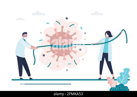 Doctors stops spread of virus and disease. Medical worker in protective masks caught and hold back coronavirus. Health care concept. Virus research. G Stock Vector