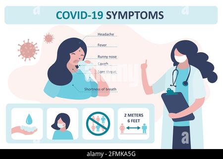 Covid-19 symptoms banner template. Doctor recommend virus prevention. Infographic, signs about wash hands, wear protective masks, and health care. Sic Stock Vector