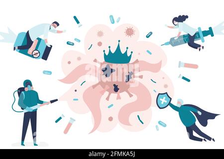 Team of doctors, medical staff and scientists stops spread of coronavirus and disease. Vaccine search,quarantine measures. Health care concept. Global Stock Vector