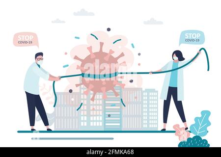 Doctors stops spread of virus and disease. Global pandemic Covid-19. Medical staff in protective masks caught and hold back coronavirus. Health care c Stock Vector