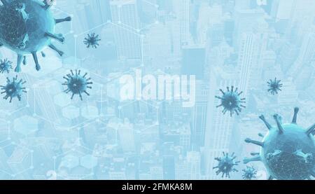 Concept of coronavirus affecting modern city abstract background. 3D rendering. Coronavirus cells floating over city. Stock Photo