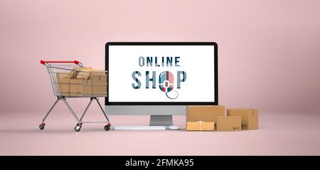 Online Shopping concept. Online shop text on computer display with shopping cart and delivery boxes isolated on pink background. 3d rendering. Stock Photo