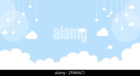White clouds with stars on pastel sky blue background, Illustration.