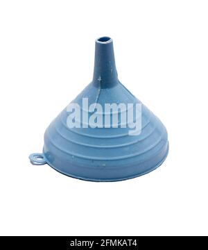 The used old blue colored plastic funnel stands on a white background Stock Photo