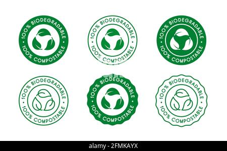 100% Biodegradable, 100% compostable icon, sign, logo set. Six green recycling leaves symbols on white background. Zero waste, eco friendly. Vector Stock Vector