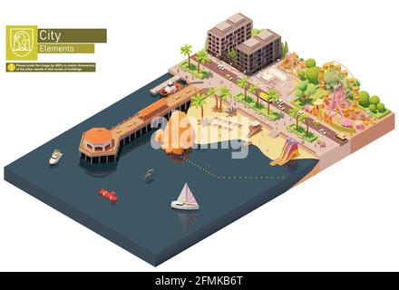 Vector isometric beach pier and amusement park Stock Vector