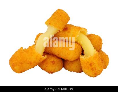 Group of breadcrumb covered mozzarella cheese sticks isolated on a white background Stock Photo
