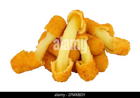 Group of breadcrumb covered mozzarella cheese sticks isolated on a white background Stock Photo