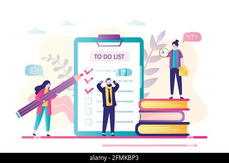 Time management, persons planning work. To do list planner and group businesspeople. Office day, project and teamwork. Tiny people do tasks,check sche Stock Vector