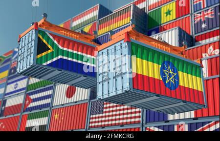 Freight containers with South Africa and Ethiopia national flags. 3D Rendering Stock Photo