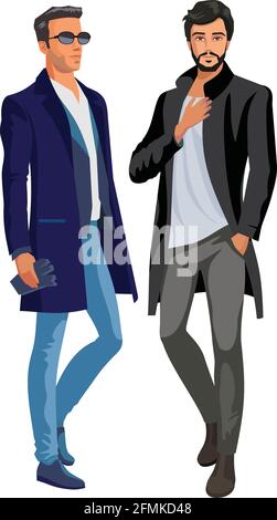 male fashion male models in winter clothes. Isolated vector illustration. Stock Vector