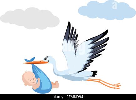 Baby carrying bird in the sky. Tale of the newborn baby and the stork. Stock Vector