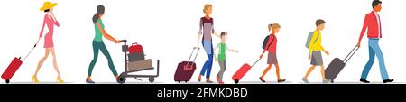 traveling people, baggage handling. A group of tourists carrying luggage at the terminal. Stock Vector
