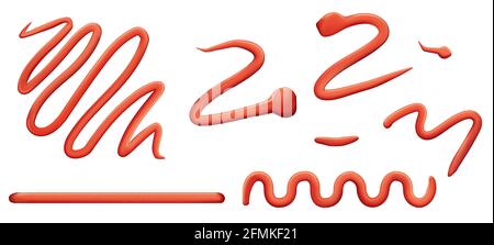 Ketchup stains, tomato sauce red smears isolated on white. Food condiment and spice realistic design elements. Stock Vector