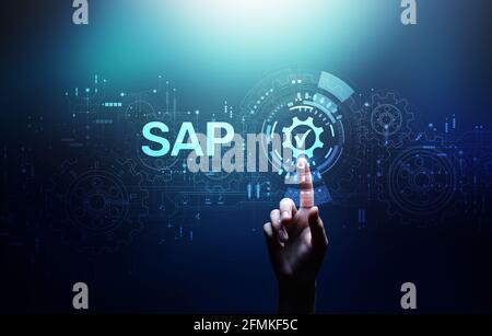 SAP software business process automation. ERP enterprise resource planning system on virtual screen. Stock Photo
