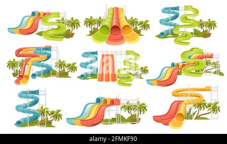 Set of waterpark illustration with colored plastic screw slides and pool with palm tree on the shore vector illustration on white background Stock Vector