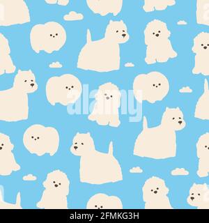 Vector seamless pattern. White dogs with clouds on a blue background. Cute repeating print for textiles, paper, design. Stock Vector