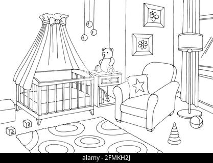 Baby room graphic black white interior sketch illustration vector Stock Vector