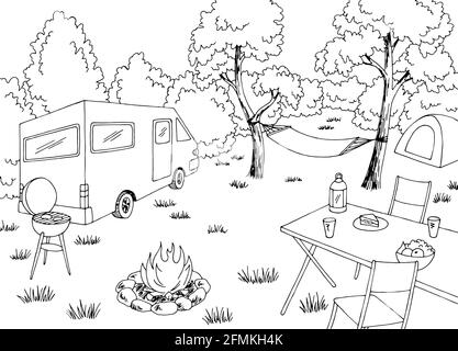 Camping graphic black white mountain landscape sketch illustration vector Stock Vector