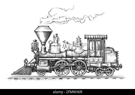 Retro steam locomotive transport sketch. Hand drawn train vintage vector illustration Stock Vector