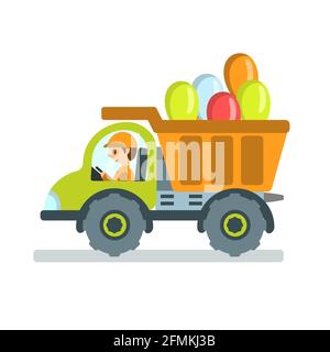 Dump truck with balloons and driver on white isolated background. Cartoon. Vector flat illustration Stock Vector