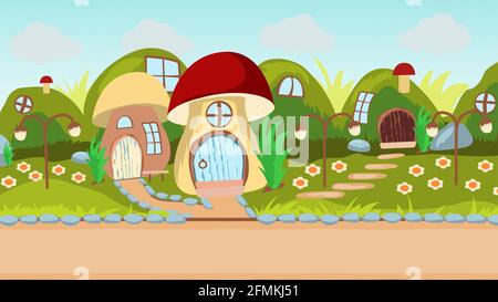 Houses in the form of mushrooms against the backdrop of hills with the road in the foreground. Vector flat landscape Stock Vector