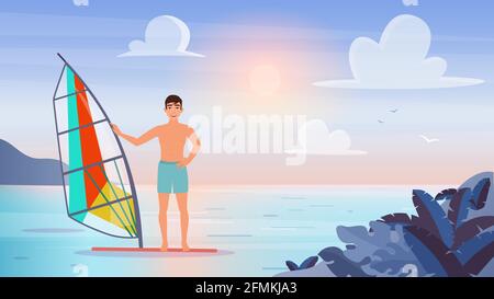 People windsurf, extreme water sports vector illustration. Cartoon young sportive tourist windsurfer man character windsurfing, sailing in tropical sea or ocean landscape, summer vacation background Stock Vector