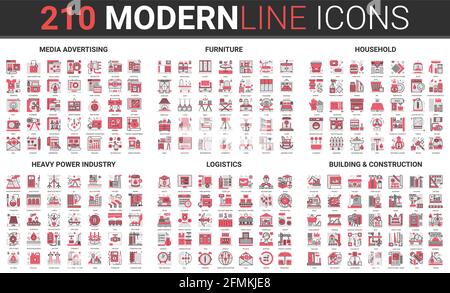 Home furniture, household, building construction thin red black line icon vector illustration set. Outline symbols collection of media advertising, heavy industry manufacture production and logistics Stock Vector